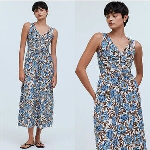 Madewell Sleeveless V-Neck Midi Dress in Floral Stonewash Blue Size 12